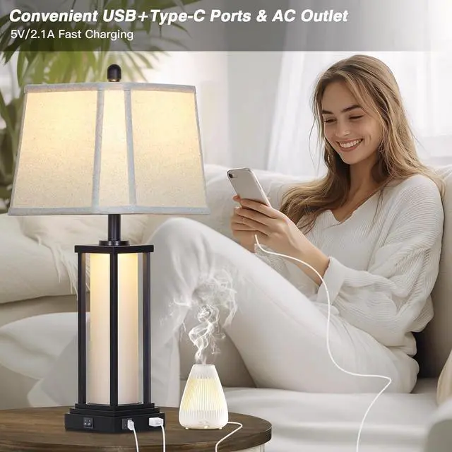 Alt view image 2 of 7 - 27" Tall Vintage Table Lamp Set of 2 with USB C+A & Outlet,Black Industrial End Table Lamp for Living Room,Farmhouse Rustic Bedside Lamps with Bell Lampshades for Bedroom Nightstand,Black