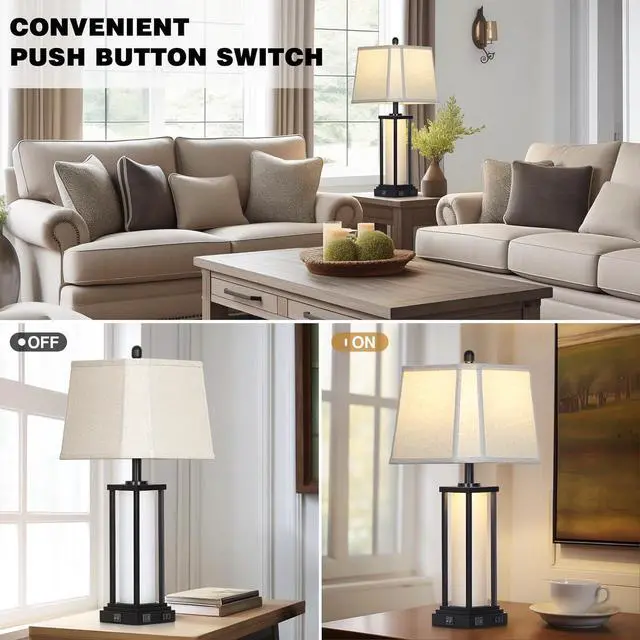 Alt view image 4 of 7 - 27" Tall Vintage Table Lamp Set of 2 with USB C+A & Outlet,Black Industrial End Table Lamp for Living Room,Farmhouse Rustic Bedside Lamps with Bell Lampshades for Bedroom Nightstand,Black