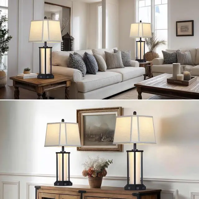 Alt view image 5 of 7 - 27" Tall Vintage Table Lamp Set of 2 with USB C+A & Outlet,Black Industrial End Table Lamp for Living Room,Farmhouse Rustic Bedside Lamps with Bell Lampshades for Bedroom Nightstand,Black