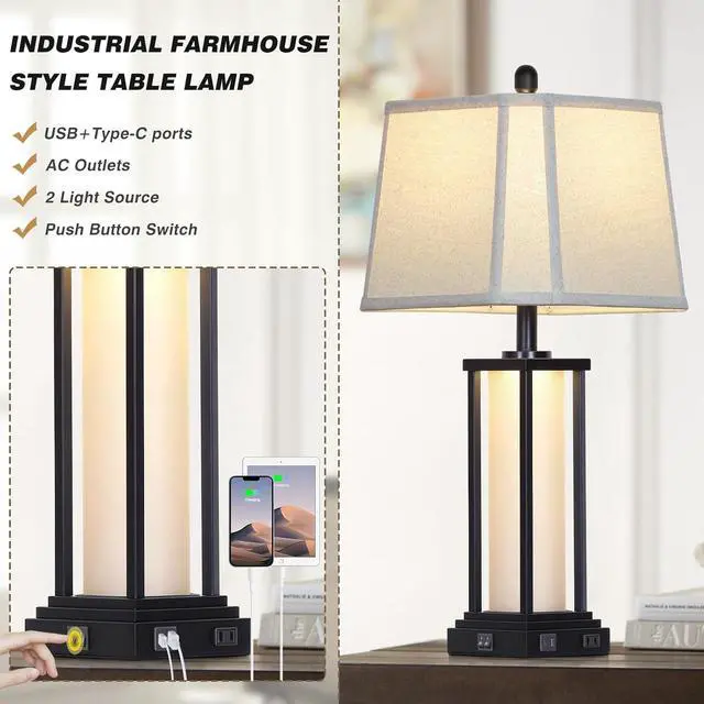 Alt view image 6 of 7 - 27" Tall Vintage Table Lamp Set of 2 with USB C+A & Outlet,Black Industrial End Table Lamp for Living Room,Farmhouse Rustic Bedside Lamps with Bell Lampshades for Bedroom Nightstand,Black