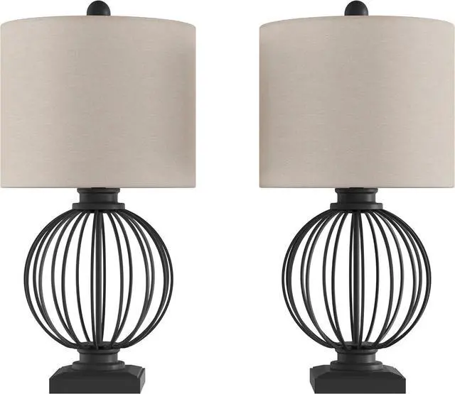 Alt view image 2 of 6 - Modern Table Lamps - Set of 2 Wrought Iron Open Cage Lights with LED Bulbs - Rustic Farmhouse Style for Living Room or Bedroom by Lavish Home (Black)