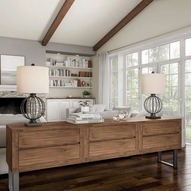 Alt view image 5 of 6 - Modern Table Lamps - Set of 2 Wrought Iron Open Cage Lights with LED Bulbs - Rustic Farmhouse Style for Living Room or Bedroom by Lavish Home (Black)