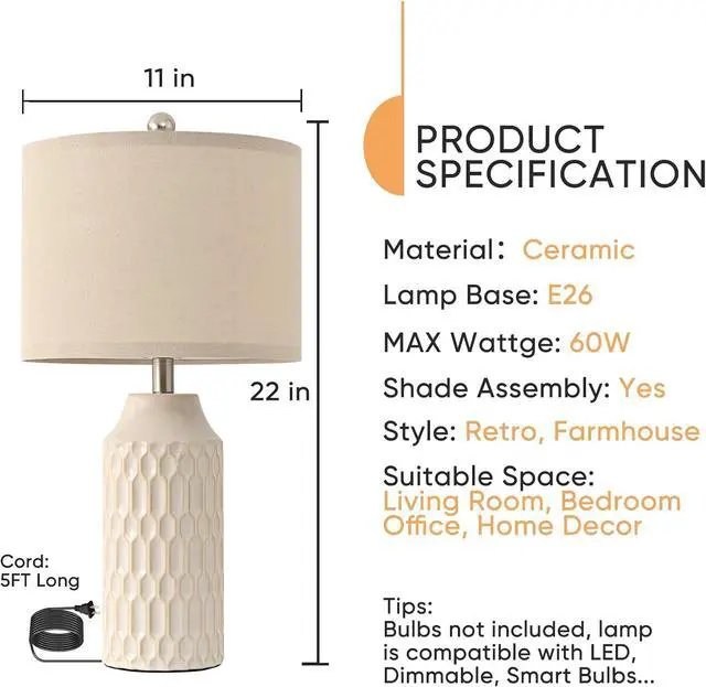 Alt view image 4 of 7 - 22IN Modern Ceramic Table Lamp Set of 2 White Lamps for Living Room Tall Bedroom Lamp Set Bedside Nightstand Lamps Set of Two Farmhouse Rustic Side Table Lamps for End Table Beige Desk Lamps