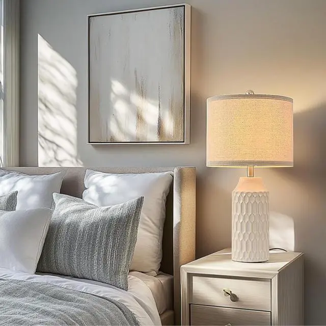 Alt view image 5 of 7 - 22IN Modern Ceramic Table Lamp Set of 2 White Lamps for Living Room Tall Bedroom Lamp Set Bedside Nightstand Lamps Set of Two Farmhouse Rustic Side Table Lamps for End Table Beige Desk Lamps