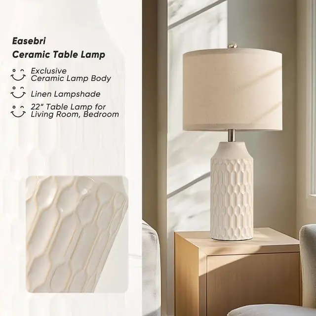 Alt view image 2 of 7 - 22IN Modern Ceramic Table Lamp Set of 2 White Lamps for Living Room Tall Bedroom Lamp Set Bedside Nightstand Lamps Set of Two Farmhouse Rustic Side Table Lamps for End Table Beige Desk Lamps