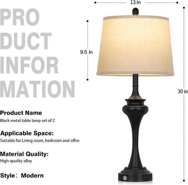 Alt view image 2 of 7 - 30" Black Tall Table Lamps for Living Room, Touch Control Bedside Lamp with USB A+C Ports, 3-Way Modern Bedroom Table Lamps Set of 2, Elegant Metal Lamp for Nightstand Desk Side Table Office