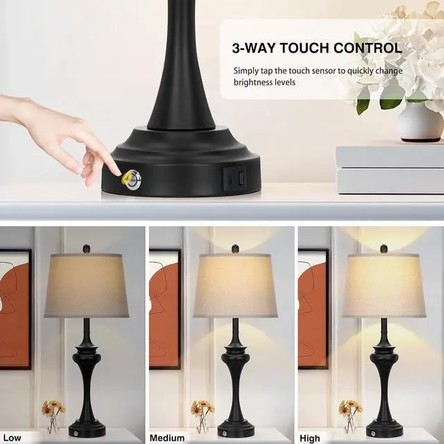 Alt view image 3 of 7 - 30" Black Tall Table Lamps for Living Room, Touch Control Bedside Lamp with USB A+C Ports, 3-Way Modern Bedroom Table Lamps Set of 2, Elegant Metal Lamp for Nightstand Desk Side Table Office