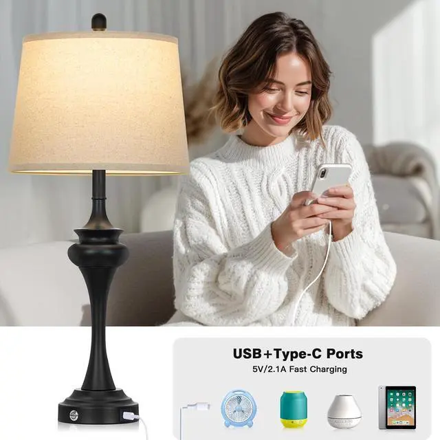 Alt view image 4 of 7 - 30" Black Tall Table Lamps for Living Room, Touch Control Bedside Lamp with USB A+C Ports, 3-Way Modern Bedroom Table Lamps Set of 2, Elegant Metal Lamp for Nightstand Desk Side Table Office