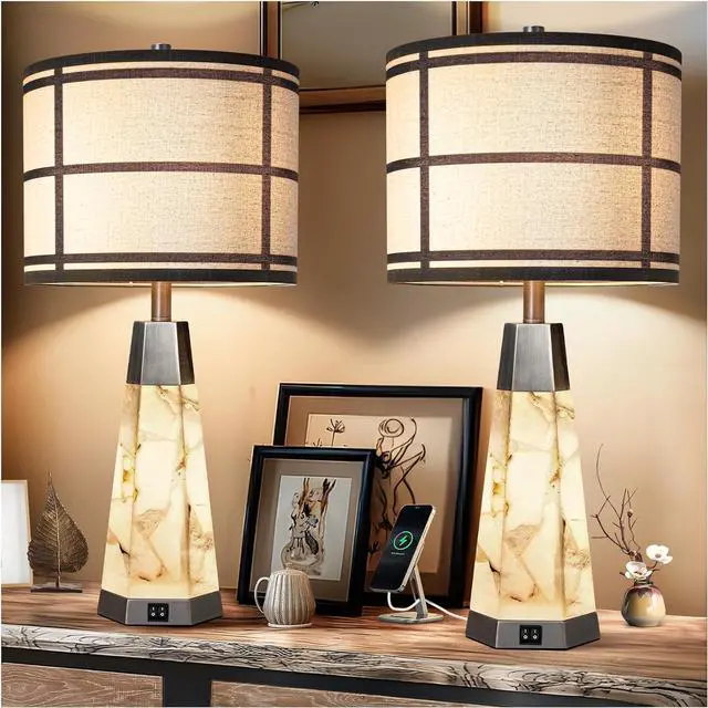 Main image of 27" Natural Alabaster Table Lamps for Living Room, Bedroom Lamps Set of 2 with Night Light, Living Room Lamps with USB A+C Ports, Table Lamp with Linen Shade for Bedside (Bulbs Included)