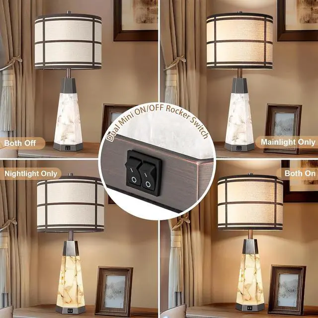 Alt view image 3 of 6 - 27" Natural Alabaster Table Lamps for Living Room, Bedroom Lamps Set of 2 with Night Light, Living Room Lamps with USB A+C Ports, Table Lamp with Linen Shade for Bedside (Bulbs Included)