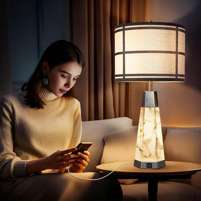 Alt view image 4 of 6 - 27" Natural Alabaster Table Lamps for Living Room, Bedroom Lamps Set of 2 with Night Light, Living Room Lamps with USB A+C Ports, Table Lamp with Linen Shade for Bedside (Bulbs Included)