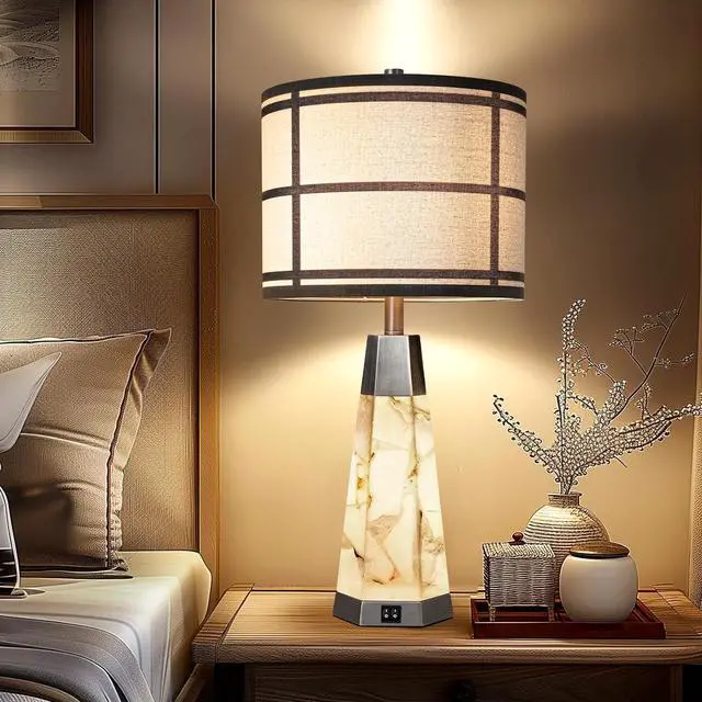 Alt view image 5 of 6 - 27" Natural Alabaster Table Lamps for Living Room, Bedroom Lamps Set of 2 with Night Light, Living Room Lamps with USB A+C Ports, Table Lamp with Linen Shade for Bedside (Bulbs Included)