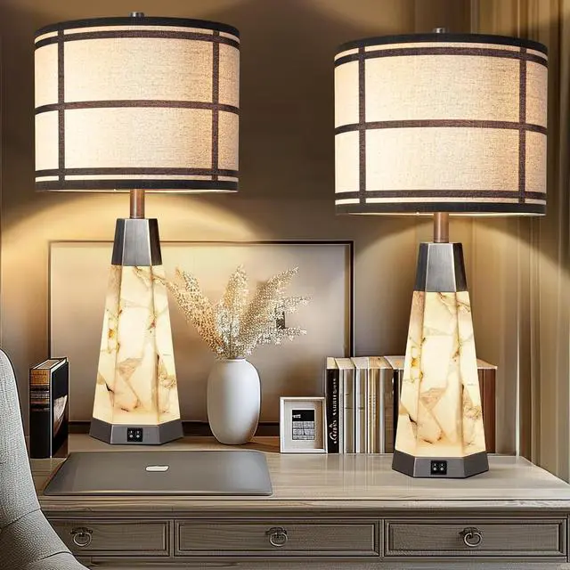 Alt view image 6 of 6 - 27" Natural Alabaster Table Lamps for Living Room, Bedroom Lamps Set of 2 with Night Light, Living Room Lamps with USB A+C Ports, Table Lamp with Linen Shade for Bedside (Bulbs Included)