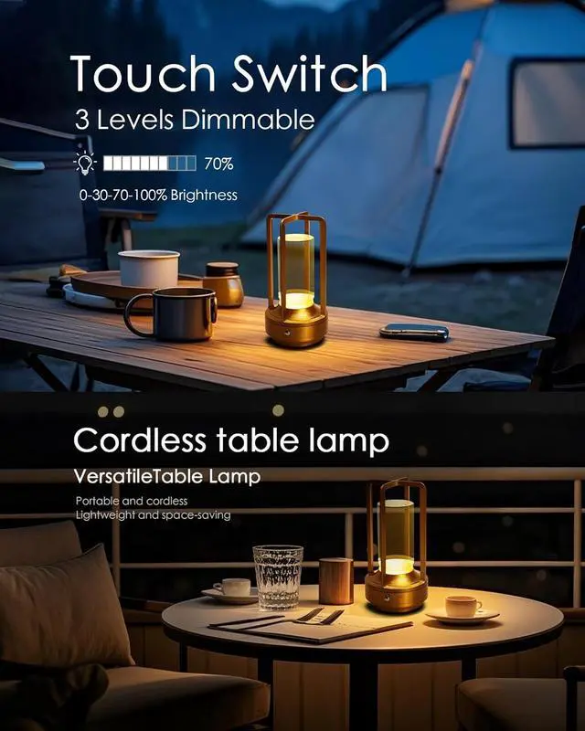 Alt view image 5 of 6 - Set of 2 Cordless Table Lamps, LED Rechargeable Battery Operated Desk Lamps with 3 Color Stepless Dimmable, Small Light Portable for Outdoor Patio Bar Restaurants Bedroom Bedside (Gold)