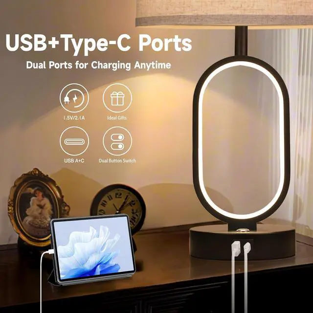 Alt view image 4 of 7 - 23" Bedside Lamps Set of 2, Farmhouse 3-Way Dimmable Touch Lamps for Nightstand, Built-in Night Light Bedside Table Lamp with USB A+C Ports, Black Table Lamp, LED Bulbs Included