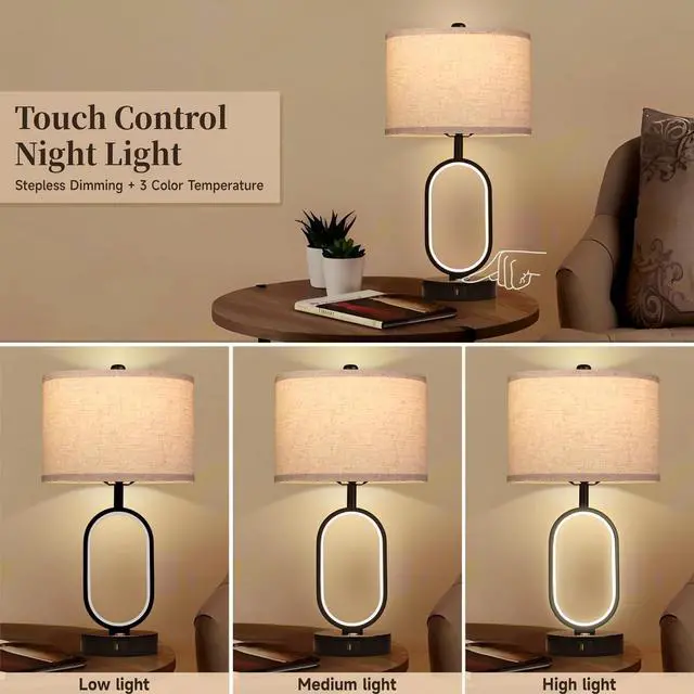 Alt view image 3 of 7 - 23" Bedside Lamps Set of 2, Farmhouse 3-Way Dimmable Touch Lamps for Nightstand, Built-in Night Light Bedside Table Lamp with USB A+C Ports, Black Table Lamp, LED Bulbs Included