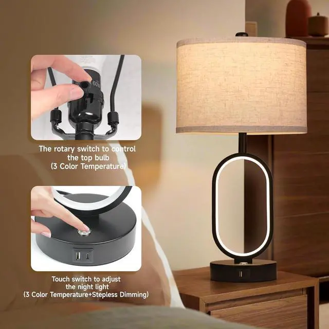 Alt view image 2 of 7 - 23" Bedside Lamps Set of 2, Farmhouse 3-Way Dimmable Touch Lamps for Nightstand, Built-in Night Light Bedside Table Lamp with USB A+C Ports, Black Table Lamp, LED Bulbs Included