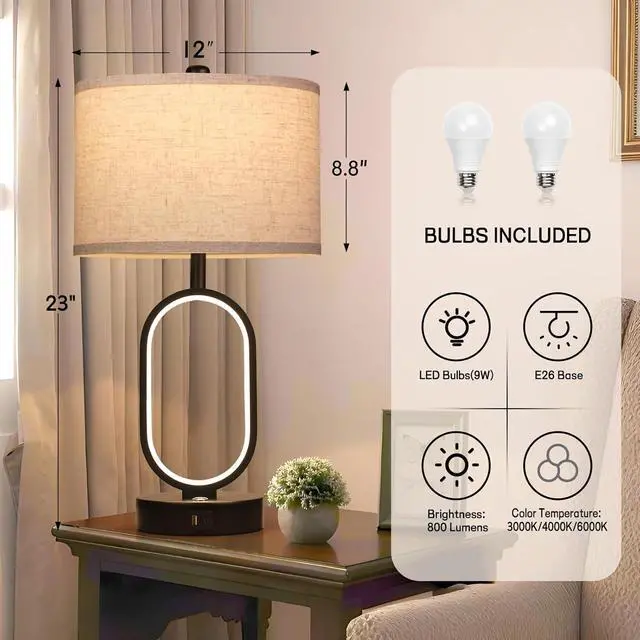 Alt view image 5 of 7 - 23" Bedside Lamps Set of 2, Farmhouse 3-Way Dimmable Touch Lamps for Nightstand, Built-in Night Light Bedside Table Lamp with USB A+C Ports, Black Table Lamp, LED Bulbs Included