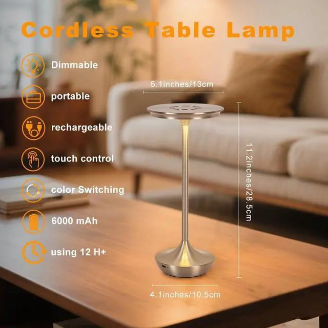 Alt view image 2 of 7 - Cordless Table Lamp Set of 2,Portable Rechargeable 6000mAh Outdoor LED Table Lamps,3 Color Stepless Dimming Touch Battery Powered Lamp, Table Light For Restaurant/Patio/Camping/Bedroom(Silver)