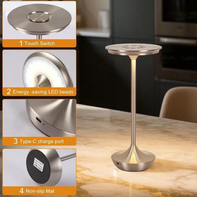 Alt view image 3 of 7 - Cordless Table Lamp Set of 2,Portable Rechargeable 6000mAh Outdoor LED Table Lamps,3 Color Stepless Dimming Touch Battery Powered Lamp, Table Light For Restaurant/Patio/Camping/Bedroom(Silver)