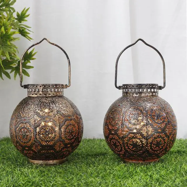 Alt view image 4 of 7 - TRIROCKS Set of 2 Moroccan Style Metal Table Lamp 18 cm H Battery Powered Cordless Lamp with LED Fairy Lights Bulb Perfect for Home Living Room Parties Tabletop Indoors (Brown)