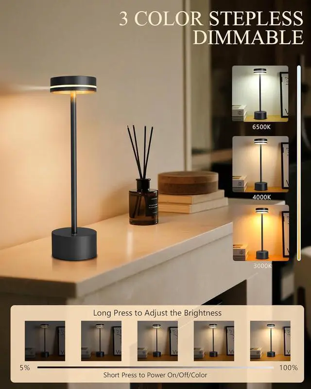 Alt view image 3 of 7 - 2 Pack LED Cordless Table Lamp Rechargeable, 5000mAh Portable Battery Operated LED Desk Lamp, 3 Color Dimmable Table Light for Reading/Home Office/Dining/Nightstand for Home Décor  Black