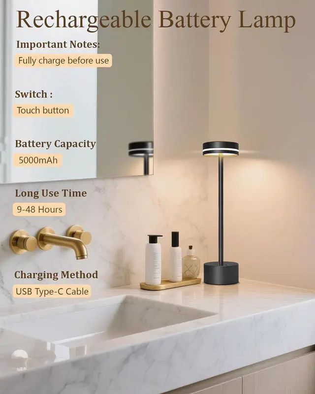 Alt view image 5 of 7 - 2 Pack LED Cordless Table Lamp Rechargeable, 5000mAh Portable Battery Operated LED Desk Lamp, 3 Color Dimmable Table Light for Reading/Home Office/Dining/Nightstand for Home Décor  Black