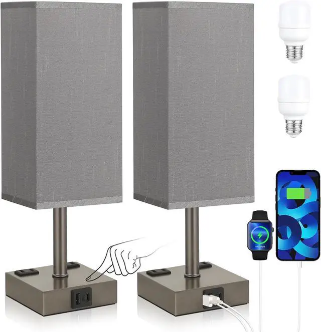 Alt view image 2 of 7 - aooshine Dark Grey Touch Lamps Set of 2 - Nightstand Lamp with USB-C + A Charge Ports & AC Outlets, 3-Way Dimmable Bedside Lamp, Small Table Lamp Light for Bedroom (Bulb Included)