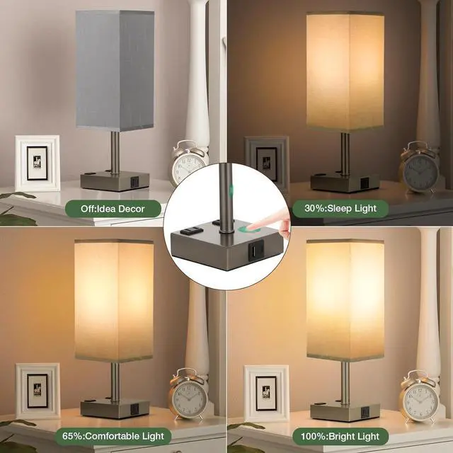 Alt view image 3 of 7 - aooshine Dark Grey Touch Lamps Set of 2 - Nightstand Lamp with USB-C + A Charge Ports & AC Outlets, 3-Way Dimmable Bedside Lamp, Small Table Lamp Light for Bedroom (Bulb Included)