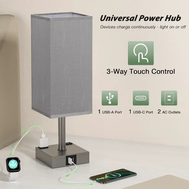 Alt view image 4 of 7 - aooshine Dark Grey Touch Lamps Set of 2 - Nightstand Lamp with USB-C + A Charge Ports & AC Outlets, 3-Way Dimmable Bedside Lamp, Small Table Lamp Light for Bedroom (Bulb Included)