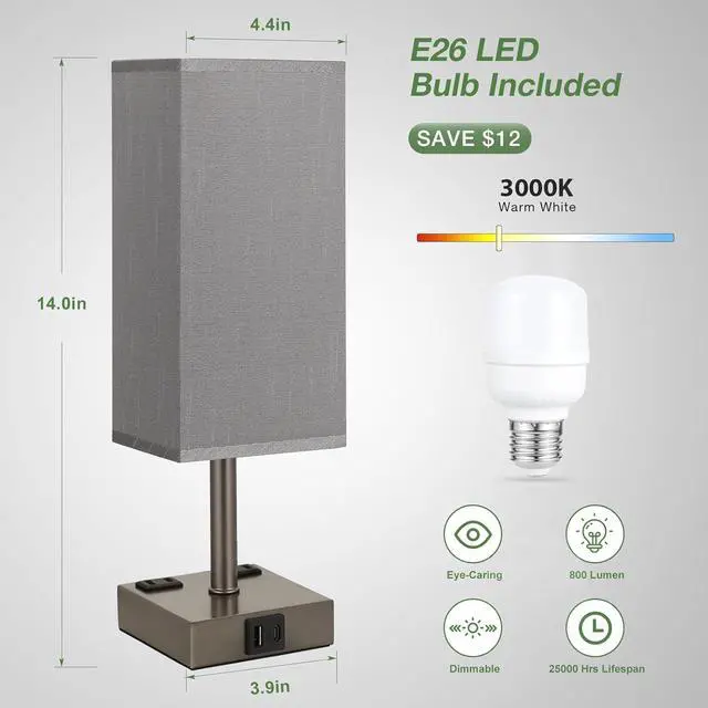 Alt view image 5 of 7 - aooshine Dark Grey Touch Lamps Set of 2 - Nightstand Lamp with USB-C + A Charge Ports & AC Outlets, 3-Way Dimmable Bedside Lamp, Small Table Lamp Light for Bedroom (Bulb Included)