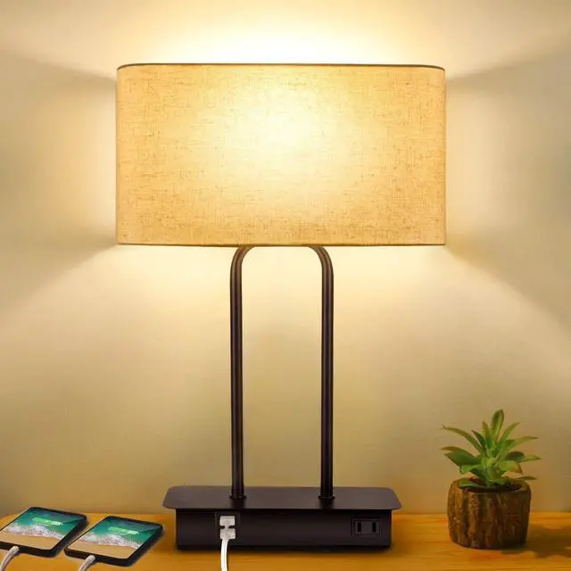Main image of 3-Way Dimmable Touch Control Table Lamp with 2 USB Ports and AC Power Outlet Modern Bedside Nightstand Lamp Fabric Shade and Metal Base for Guestroom Bedroom Living Room LED Bulb Included Warm White