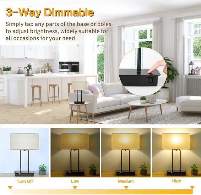 Alt view image 2 of 7 - 3-Way Dimmable Touch Control Table Lamp with 2 USB Ports and AC Power Outlet Modern Bedside Nightstand Lamp Fabric Shade and Metal Base for Guestroom Bedroom Living Room LED Bulb Included Warm White