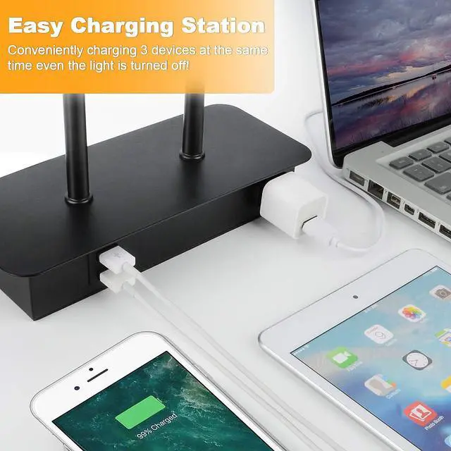 Alt view image 3 of 7 - 3-Way Dimmable Touch Control Table Lamp with 2 USB Ports and AC Power Outlet Modern Bedside Nightstand Lamp Fabric Shade and Metal Base for Guestroom Bedroom Living Room LED Bulb Included Warm White