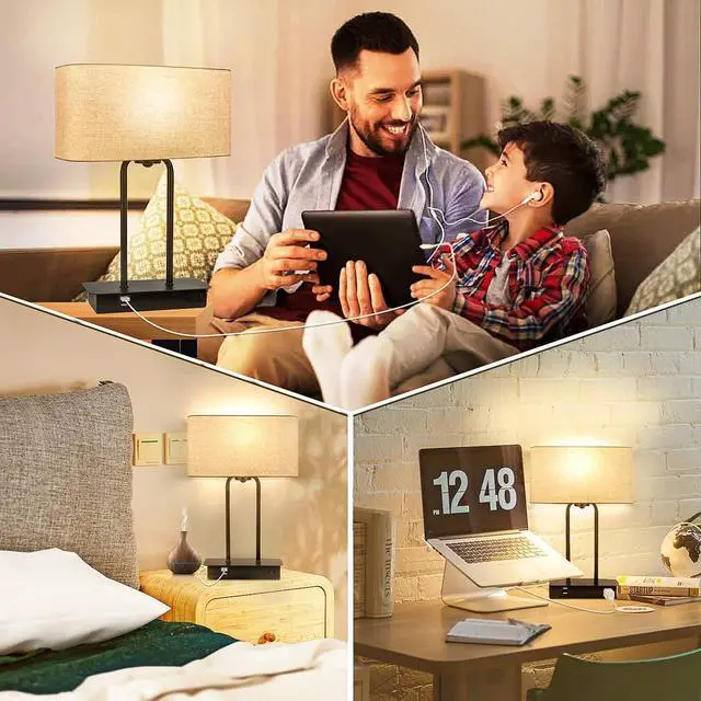 Alt view image 7 of 7 - 3-Way Dimmable Touch Control Table Lamp with 2 USB Ports and AC Power Outlet Modern Bedside Nightstand Lamp Fabric Shade and Metal Base for Guestroom Bedroom Living Room LED Bulb Included Warm White