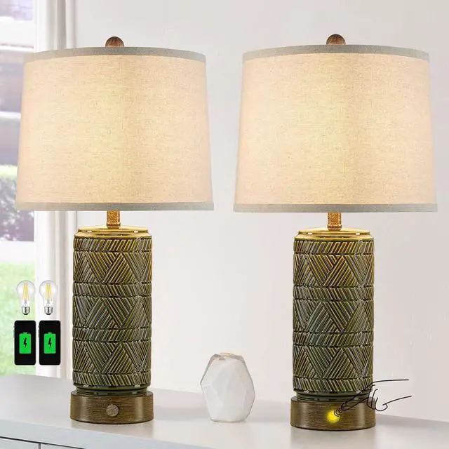Main image of RORIA Set of 2 Retro Touch Table Lamps for Living Room Bedroom, 3 Way Dimmable Nightstand Lamp with 2 USB Port, Farmhouse Rustic Ceramic Desk Lamps for End Table Bedside, LED Bulbs Included