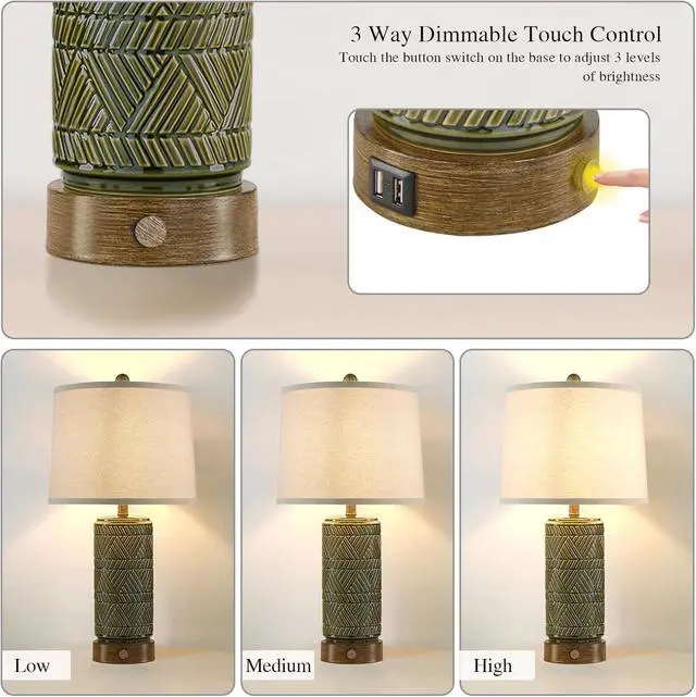 Alt view image 2 of 7 - RORIA Set of 2 Retro Touch Table Lamps for Living Room Bedroom, 3 Way Dimmable Nightstand Lamp with 2 USB Port, Farmhouse Rustic Ceramic Desk Lamps for End Table Bedside, LED Bulbs Included