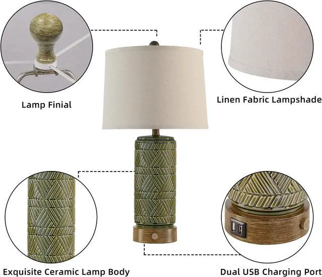 Alt view image 5 of 7 - RORIA Set of 2 Retro Touch Table Lamps for Living Room Bedroom, 3 Way Dimmable Nightstand Lamp with 2 USB Port, Farmhouse Rustic Ceramic Desk Lamps for End Table Bedside, LED Bulbs Included