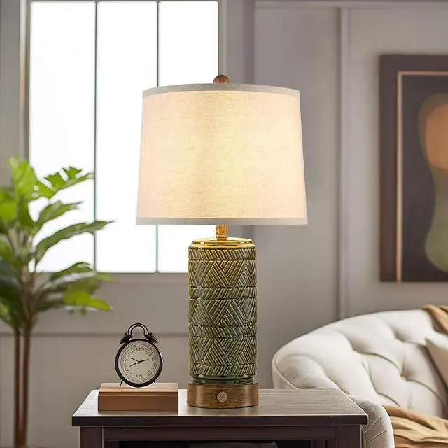 Alt view image 4 of 7 - RORIA Set of 2 Retro Touch Table Lamps for Living Room Bedroom, 3 Way Dimmable Nightstand Lamp with 2 USB Port, Farmhouse Rustic Ceramic Desk Lamps for End Table Bedside, LED Bulbs Included