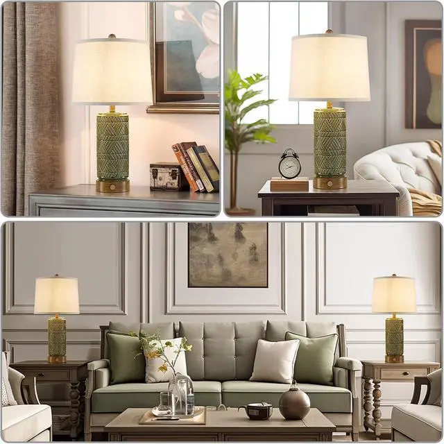 Alt view image 3 of 7 - RORIA Set of 2 Retro Touch Table Lamps for Living Room Bedroom, 3 Way Dimmable Nightstand Lamp with 2 USB Port, Farmhouse Rustic Ceramic Desk Lamps for End Table Bedside, LED Bulbs Included