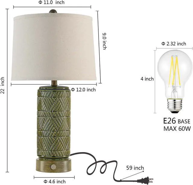 Alt view image 6 of 7 - RORIA Set of 2 Retro Touch Table Lamps for Living Room Bedroom, 3 Way Dimmable Nightstand Lamp with 2 USB Port, Farmhouse Rustic Ceramic Desk Lamps for End Table Bedside, LED Bulbs Included