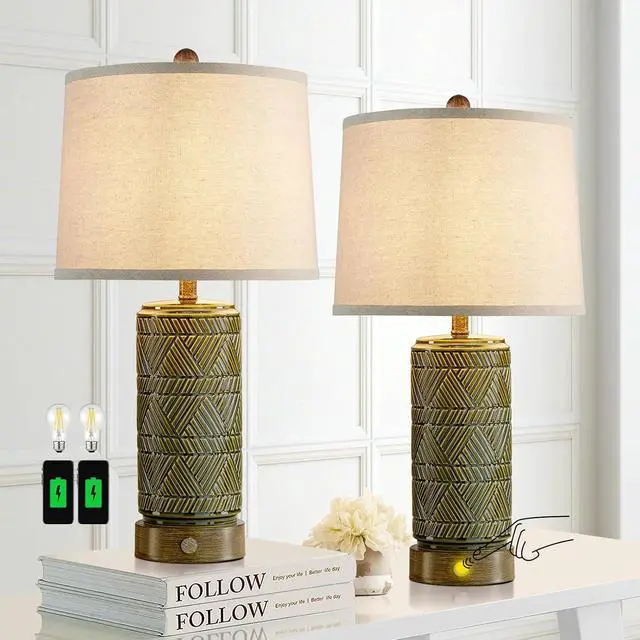 Alt view image 7 of 7 - RORIA Set of 2 Retro Touch Table Lamps for Living Room Bedroom, 3 Way Dimmable Nightstand Lamp with 2 USB Port, Farmhouse Rustic Ceramic Desk Lamps for End Table Bedside, LED Bulbs Included