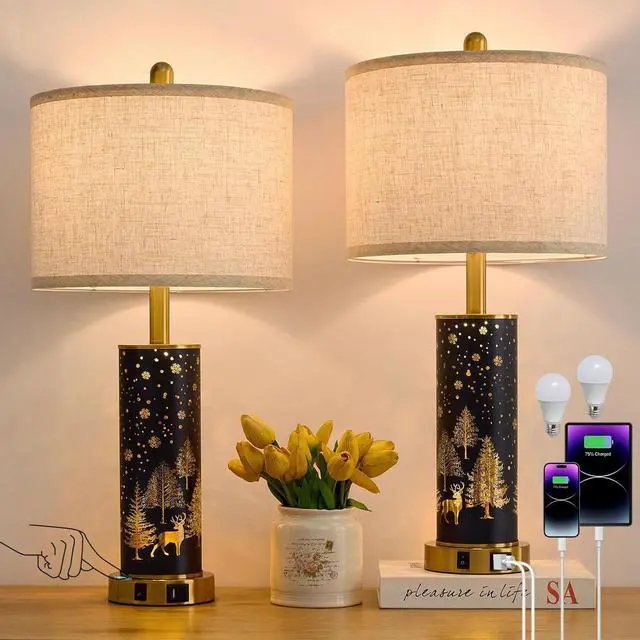 Main image of 26.5" Farmhouse Table Lamp Set of 2, 3-Way Dimmable Touch Control Bedside Lamps Vintage Rustic Side Table Nightstand Lamps for Bedroom Living Room Study Room (Gold-Blue)