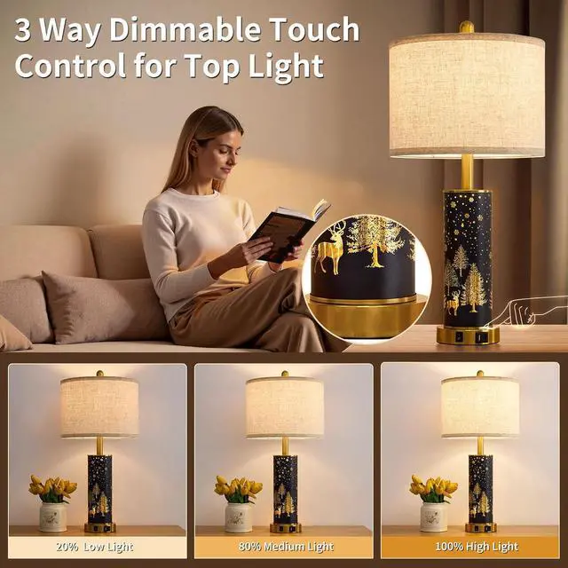 Alt view image 2 of 7 - 26.5" Farmhouse Table Lamp Set of 2, 3-Way Dimmable Touch Control Bedside Lamps Vintage Rustic Side Table Nightstand Lamps for Bedroom Living Room Study Room (Gold-Blue)