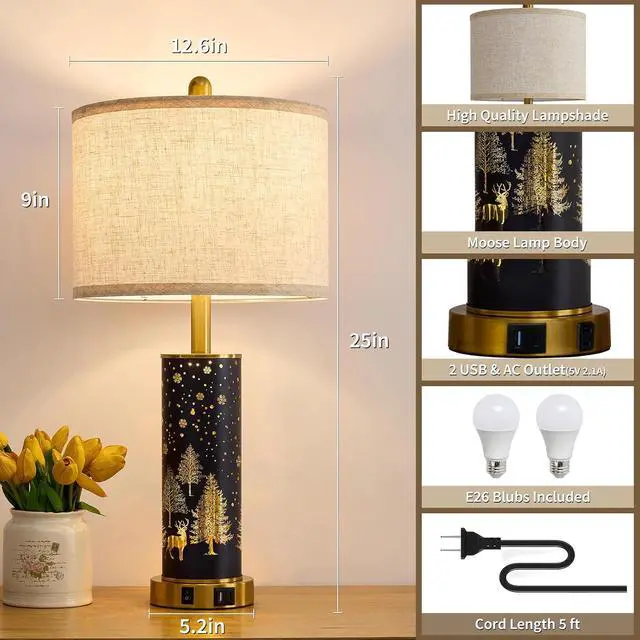 Alt view image 5 of 7 - 26.5" Farmhouse Table Lamp Set of 2, 3-Way Dimmable Touch Control Bedside Lamps Vintage Rustic Side Table Nightstand Lamps for Bedroom Living Room Study Room (Gold-Blue)