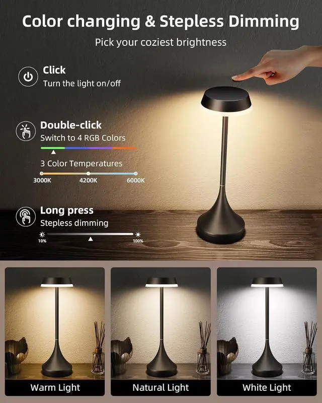 Alt view image 6 of 7 - Cordless Lamp, 6000mAh, Outdoor Waterproof, Touch Control, Dimmable, 3 Color Temperature, RGB, LED Memory Function, Portable Battery Operated, Rechargeable Table Lamp Patio Dinning Restaurant Kitchen