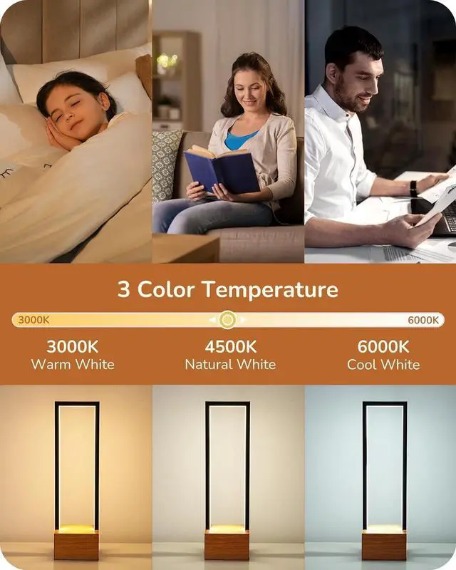 Alt view image 2 of 7 - EDISHINE LED Table Lamp, Wooden Bedside Lamp with 3 Color Temperatures, Dimmable Square Nightstand Lamp for Bedroom Living Room, Complete Dark Rose Wood Color Base