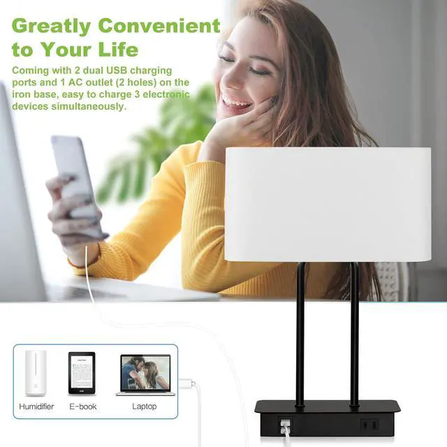 Alt view image 3 of 7 - Bedside Touch Control Table Lamp with Dual USB Charging Ports 1 AC Outlet, 3 Way Dimmable Modern Nightstand Lamp with White Fabric Shade, Desk Lamp for Bedroom Living Room Office with 5000K LED Bulb