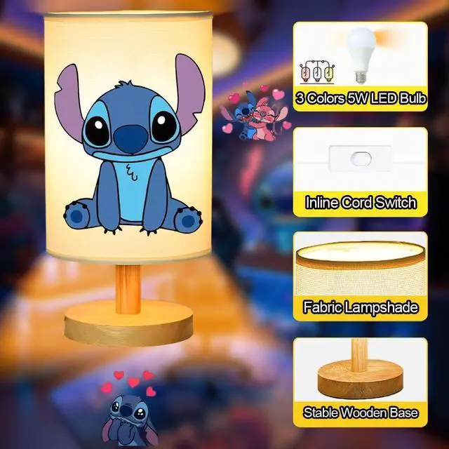 Alt view image 2 of 7 - Stitch Bedside Table Lamp for Bedroom, Stitch Gifts - 3 Colors Nightstand Light Lamp, Wood Base Round Flaxen Fabric Shade Desk Reading Lamp for Kids Room, LED Bulb Included, Stitch Stuff Girls Gifts