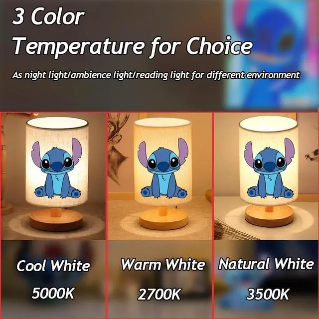 Alt view image 3 of 7 - Stitch Bedside Table Lamp for Bedroom, Stitch Gifts - 3 Colors Nightstand Light Lamp, Wood Base Round Flaxen Fabric Shade Desk Reading Lamp for Kids Room, LED Bulb Included, Stitch Stuff Girls Gifts
